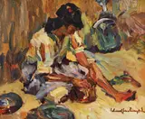 Ciocănirea vaselor de aramă by Rudolf Schweitzer–Cumpăna, ulei pe carton, sold Oct 2022