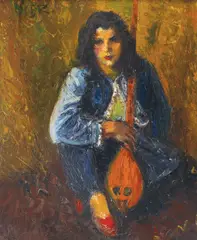 Odaliscă cu teorbă by Iosif Iser, ulei pe carton, offered Oct 2022