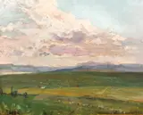 Peisaj la Câmpina by Nicolae Vermont, 1919, ulei pe placaj, sold Oct 2022