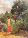 În grădina cu trandafiri by Nicolae Vermont, ulei pe pânză lipită pe carton, sold Oct 2022