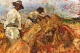 La strângerea fânului by Rudolf Schweitzer–Cumpăna, ulei pe carton, sold Oct 2022
