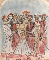 Nuntă evreiască by Marcel Janco, 1940, ceracolor și tuș pe hârtie, sold Oct 2022