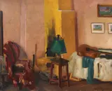 Interior din atelierul artistului by Leon Biju, ulei pe carton, offered Oct 2022