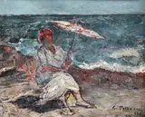 Lucreția pe malul mării by Gheorghe Petrașcu, 1935, ulei pe lemn, offered Oct 2022