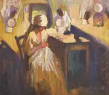 Cusătoreasă by Leon Biju, ulei pe carton, sold Oct 2022