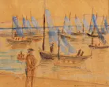 Theodor Pallady, În portul Douarnenez, acuarelă și cărbune pe hârtie lipită pe carton