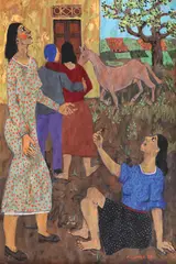 În gospodărie by Grégoire Michonze, 1982, ulei pe carton, sold Oct 2022
