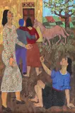 Grégoire Michonze, În gospodărie, 1982, ulei pe carton