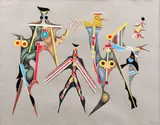 Jules Perahim, Zburătorii, 1976, guașă, creioane colorate, colaj pe carton subțire