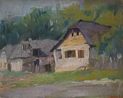 Case la munte by Leon Biju, ulei pe pânză, sold Oct 2022
