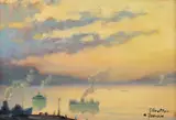 Apus pe Gibraltar by Constantin Isachie Popescu, ulei pe carton, sold Sep 2022