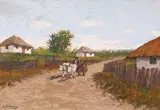 Întoarcerea de la câmp by Ion Doboşariu, ulei pe carton, sold Sep 2022