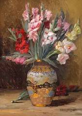 Elena Müller-Stăncescu, Gladiole în vas japonez, ulei pe carton