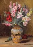 Elena Müller-Stăncescu, Gladiole în vas japonez, ulei pe carton
