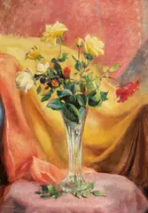 Trandafiri și mătăsuri by Aurel Bordenache, 1969, ulei pe carton, sold Sep 2022