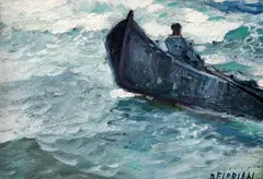 Bătrânul și marea by Dimitrie Florian, ulei pe carton, sold Sep 2022