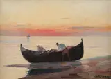 Întoarcerea de la pescuit by Dimitrie Florian, ulei pe carton, sold Sep 2022