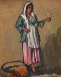Florăreasă by Leon Biju, ulei pe carton, offered Sep 2022