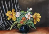 Mişu Teişanu, Vas cu lalele și crăițe, pastel pe hârtie lipită pe carton