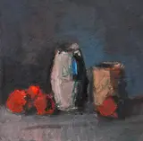 Mircea Ciobanu, Natură statică cu vase și mere roșii, ulei pe carton