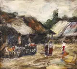 Lângă șura casei by Rudolf Schweitzer–Cumpăna, acuarelă și creion pe hârtie, lipită pe carton, sold Sep 2022