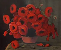 Vas cu maci by Cornel Raţiu, ulei pe carton, sold Sep 2022