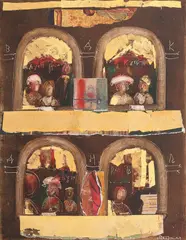 Corneliu Petrescu, La teatru, 1999, ulei, acrilic, colaj și foiță de aur pe carton