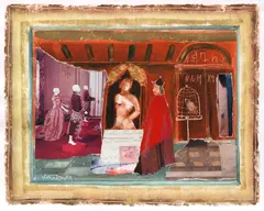 Corneliu Petrescu, Vitrină la Paris, 1999, ulei, acrilic, colaj și foiță de aur pe carton