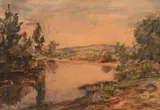 Samuel Mützner, Asfințit peste lac, acuarelă pe hârtie