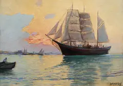 Apus pe mare by Dimitrie Florian, ulei pe carton, sold Jul 2022