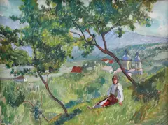 Odihnă by Elena Vavilyna, 1926, ulei pe carton, offered Jul 2022