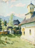 În curtea bisericii by Constantin Isachie Popescu, ulei pe carton, sold Jul 2022