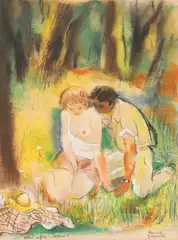 Aurel Jiquidi, Dacă află tăticu..., cărbune, pastel și accente de guașă pe hârtie