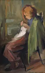 Dumitru D. Brăescu, Micuța cusătoreasă, ulei pe carton