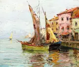 Vele în port by Rudolf Négely, ulei pe carton, sold Jul 2022