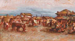 Târg by Pan Ioanid, ulei pe carton, sold Jul 2022