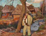 Ciobănaș pe malul râului by Liviu (Elemer Szabo) Bordeaux, ulei pe carton, sold Jul 2022