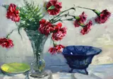 Natură statică cu garoafe și fructieră by Constantin Isachie Popescu, ulei pe carton, sold Jul 2022