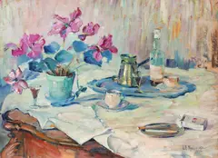 Elena Moisescu, Natură statică cu ciclame, 1976, ulei pe carton