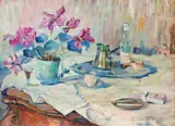 Elena Moisescu, Natură statică cu ciclame, 1976, ulei pe carton