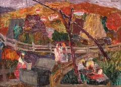Scenă rurală/Peisaj by George Saru, 1957, ulei pe carton, sold Jul 2022