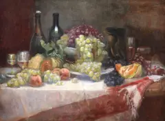 Oscar Schmidt, Natură statică cu struguri și sticle de vin, ulei pe pânză