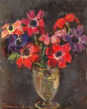 Corina Lecca Pârvulescu, Pahar cu anemone, ulei pe carton