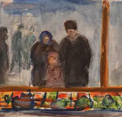 La piață by Samuel Mützner, acuarelă și creion pe hârtie, offered Jul 2022