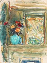 Interior cu șemineu și vas cu trandafiri by Dimitrie Berea, 1961, acuarelă și creion pe hârtie, sold Jul 2022