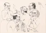 Discuții de seară (Autoportrete) by Constantin Piliuță, 1997, tuș pe hârtie, sold Jul 2022