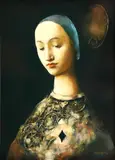 Jeune femme au losange noir by Georges Mazilu, acrilic pe pânză, sold Jul 2022