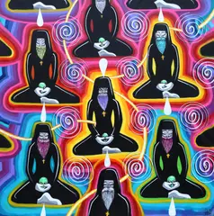 Feministe deghizate, în meditație, pentru acceptarea extratereștrilor by Irlo, 2022, acrilic pe pânză, offered Jul 2022