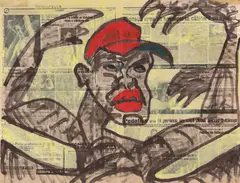 Algoritmul lui Briemberg by Nicolae Comănescu, 2000, acrilic pe ziar, sold Jul 2022