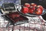 Natură statică cu mere și cărți by Gheorghe Petrașcu, 1936, ulei pe carton, sold Jun 2022